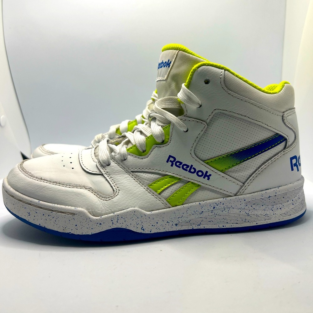 Vintage Reebok Neon Yellow Blue Retro Hightop Boys Basketball Shoes Size 5